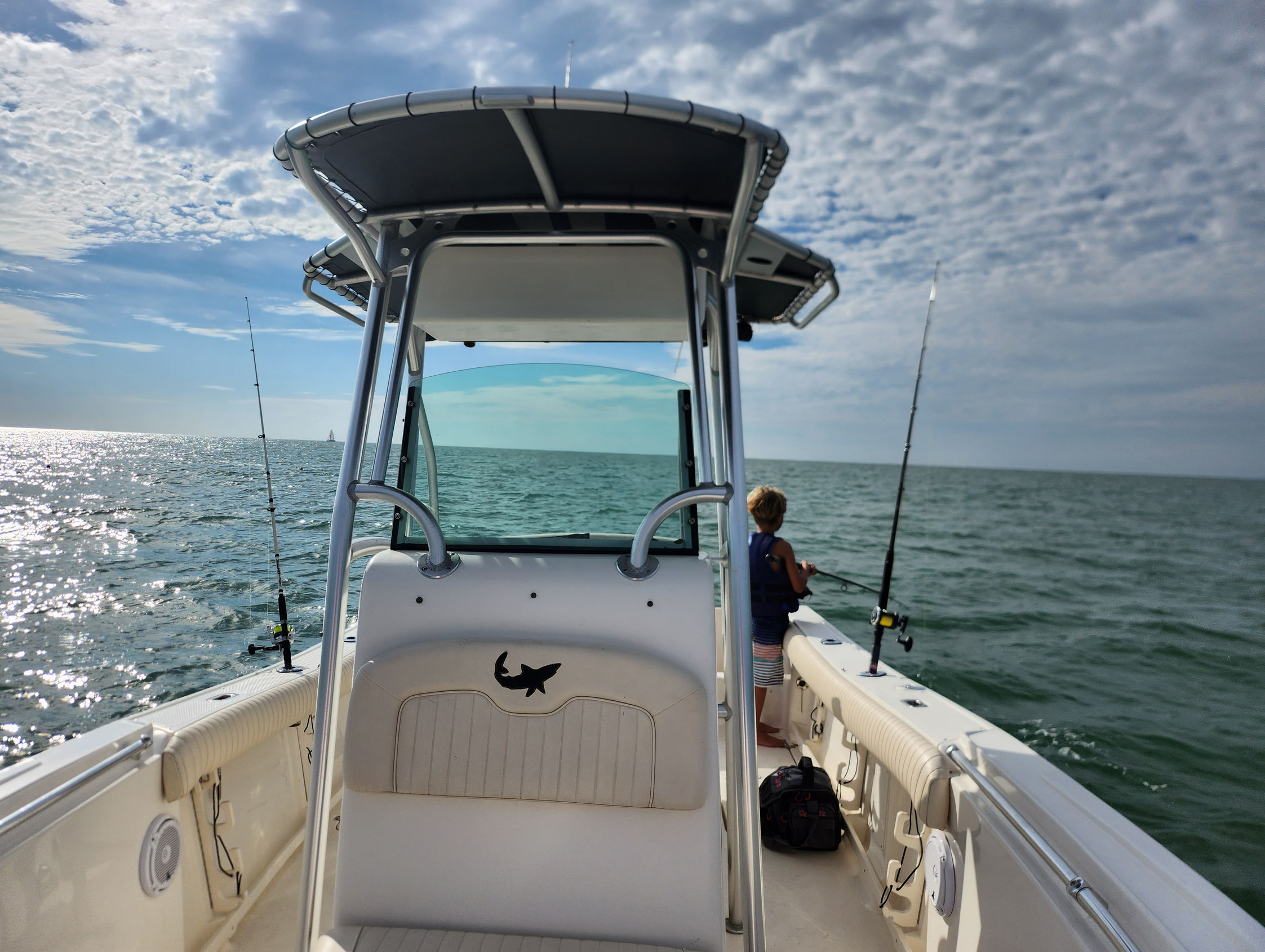 Center console with T-top heading out to fish, rods in holders