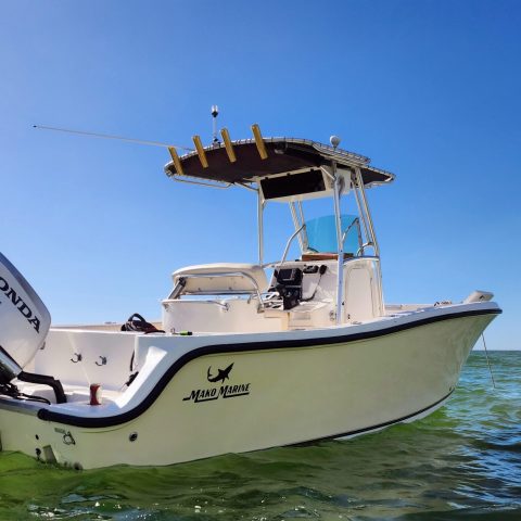 center console fishing boat rental from the right back position anchored in Sarasota