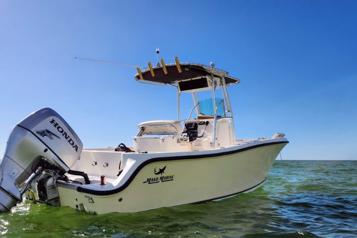 center console fishing boat rental from the right back position anchored in Sarasota