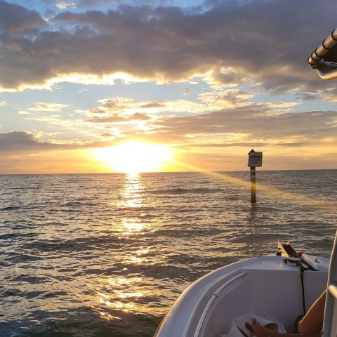 mako center console fishing boat rental in sarasota bay with a beautiful sunset in the background
