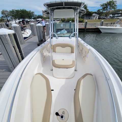 docked center console fishing boat rental showing the inside of the bow of the boat