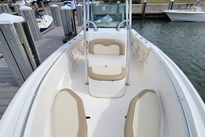 docked center console fishing boat rental showing the inside of the bow of the boat