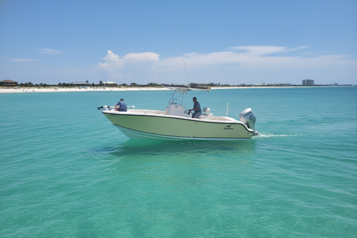 Small motorboat with two people on turquoise water near a sandy beach.