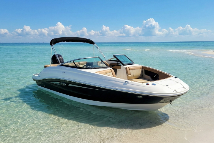 A sleek motorboat anchored on clear, turquoise water near a sandy beach under a clear blue sky.