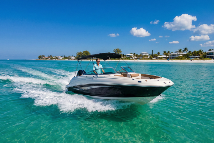 Person driving a motorboat on clear blue water with a sandy beach and houses in the background.